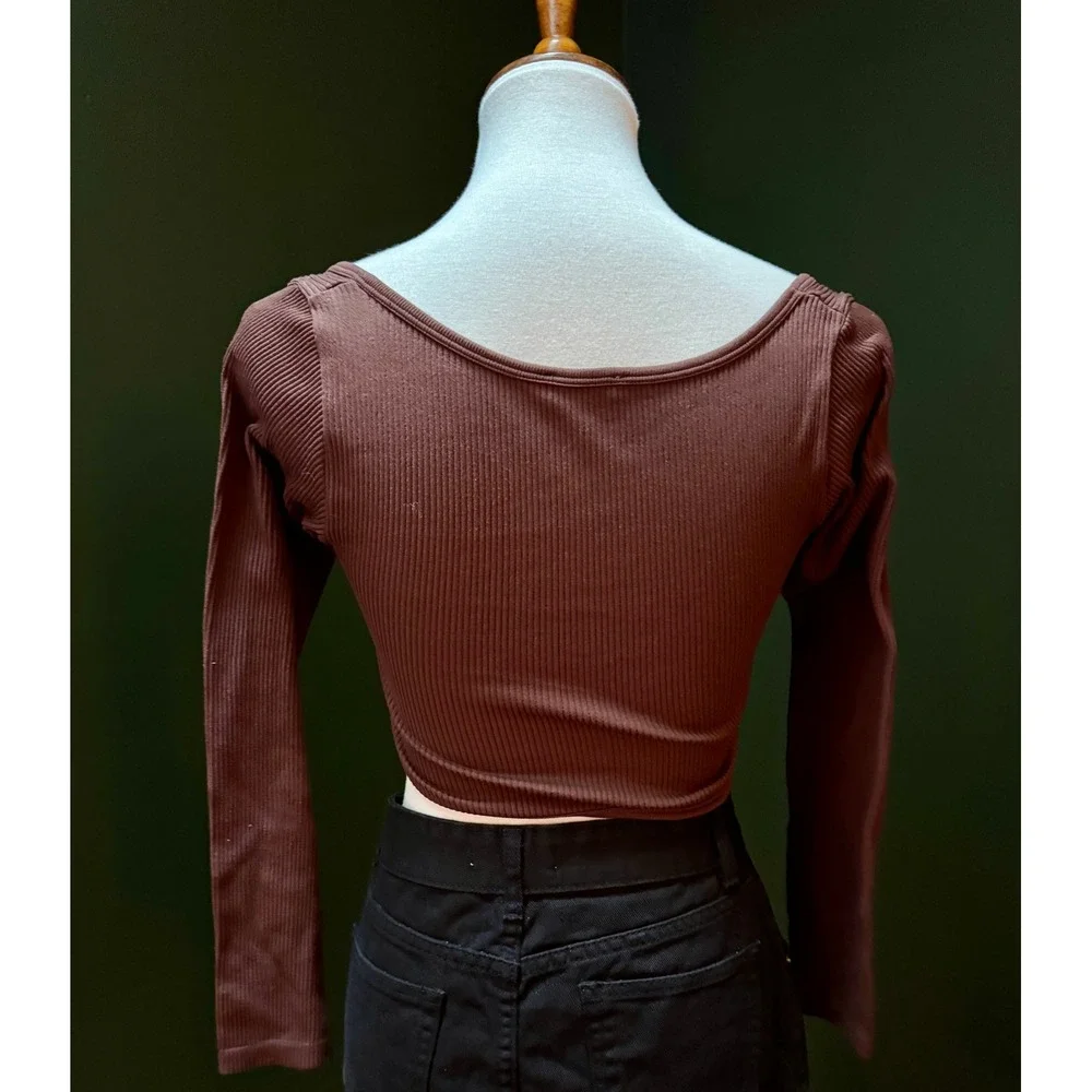 Zara Brown Ribbed Knit Long Sleeve Cropped Top‎ Women's Size M/L
